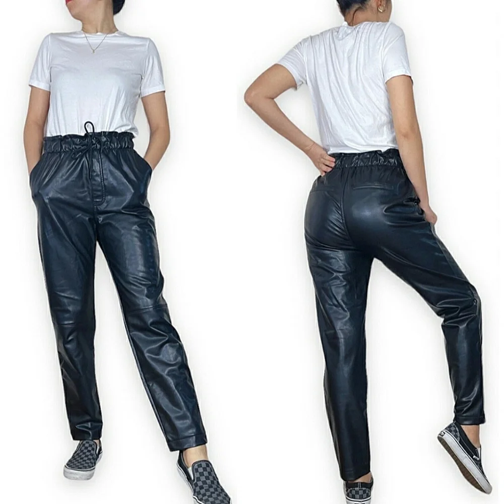 Abercrombie & Fitch Black Faux Leather Paperbag Pants Tie Waist Straight Leg S - Picture 13 of 13